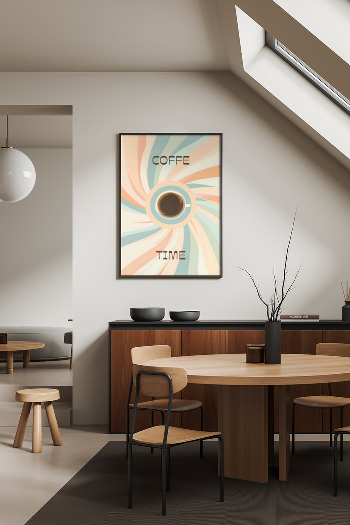 Modern cafe interior with Coffee Time poster art in stylish wooden frame