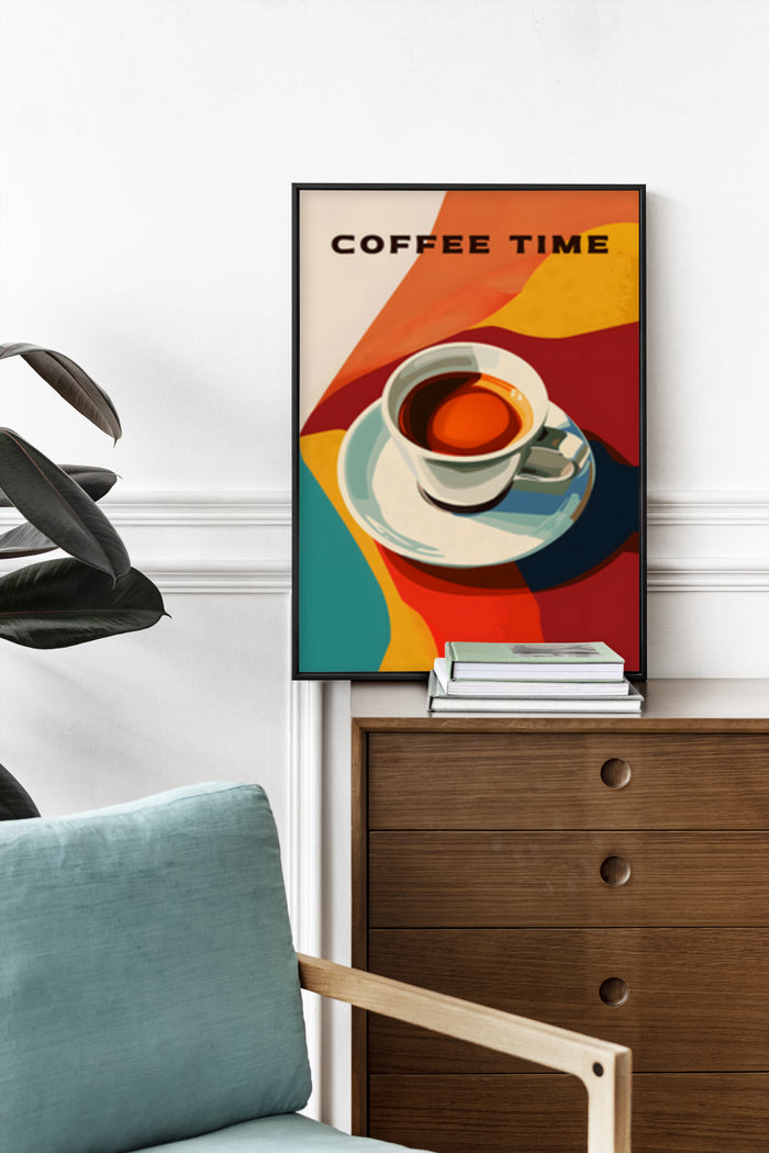 Modern Coffee Time art poster for wall decor, featuring a stylized coffee cup on a colorful abstract background