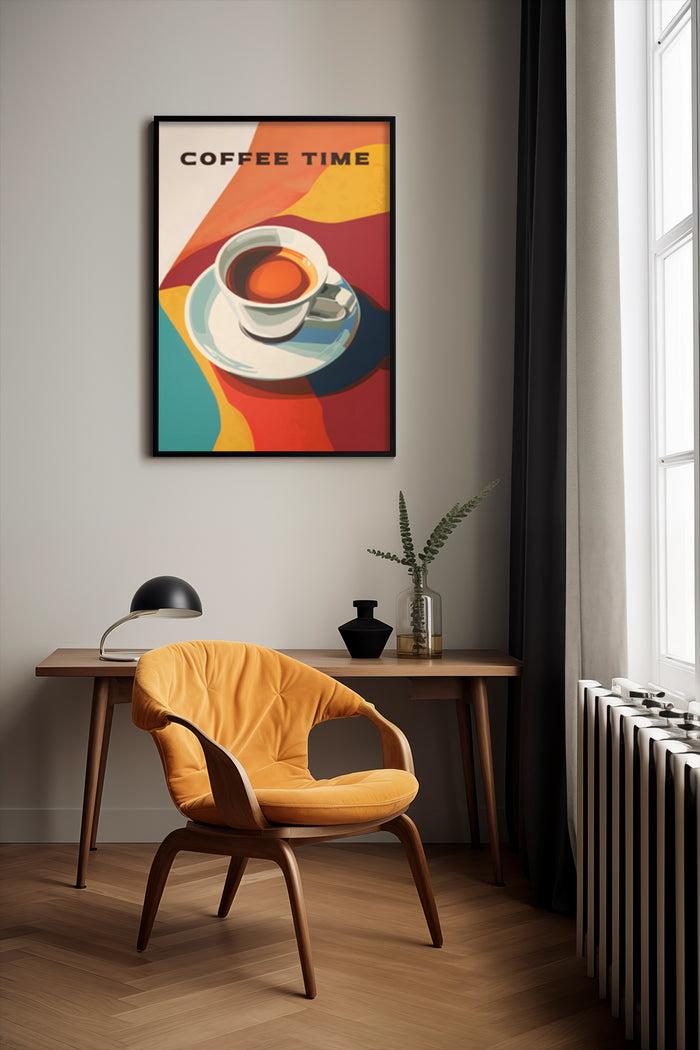 Coffee Time Poster Art in a Stylish Modern Interior with Yellow Armchair
