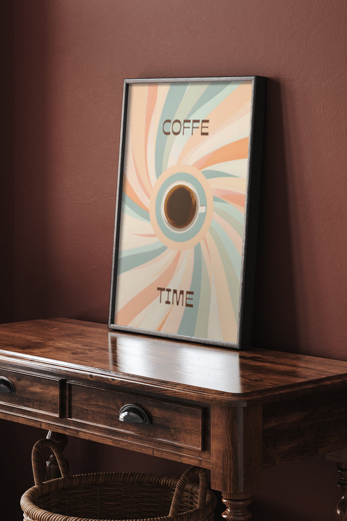 Modern coffee time poster with cup and sunburst design on wooden dresser