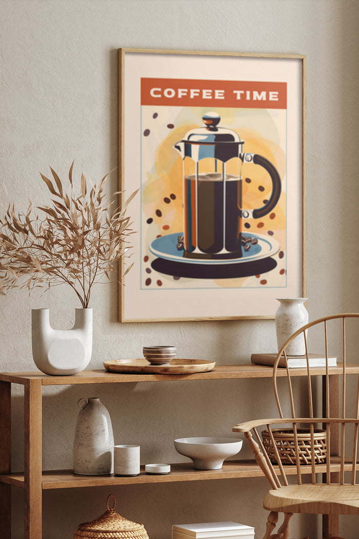 Minimalist Coffee Time Artwork Featuring a French Press Coffee Maker