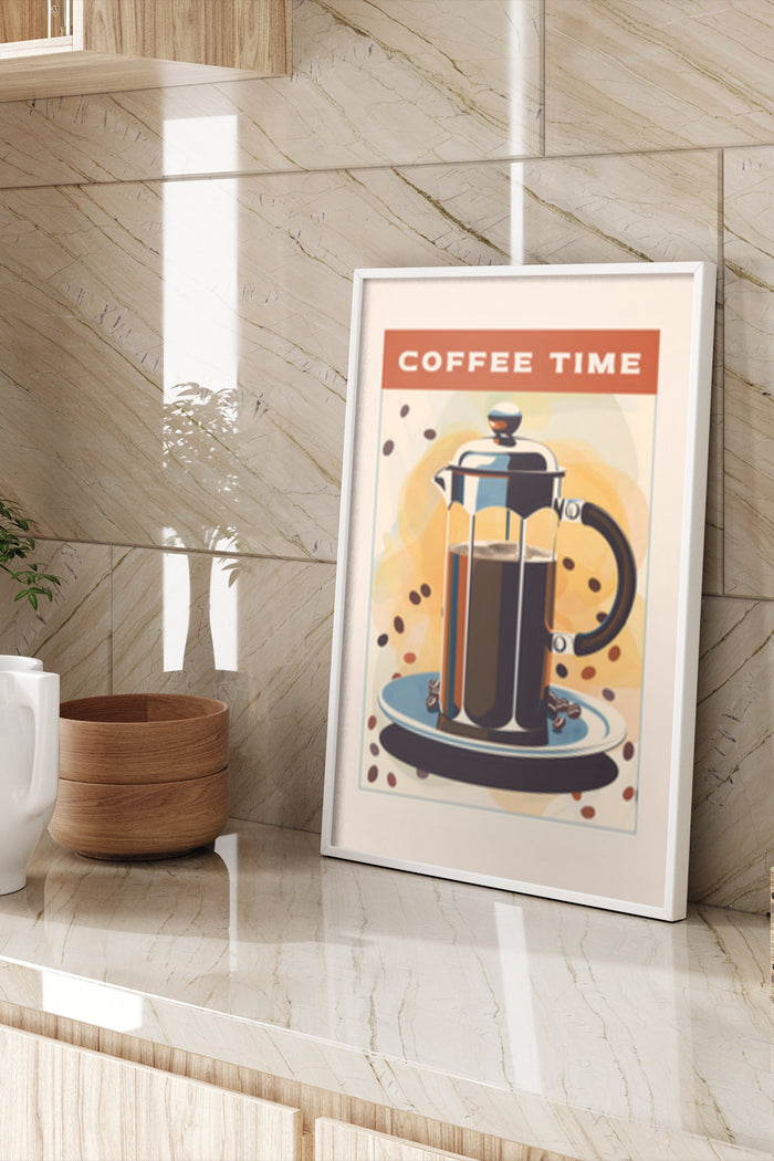 Stylish 'Coffee Time' poster with French press illustration, perfect for kitchen decor