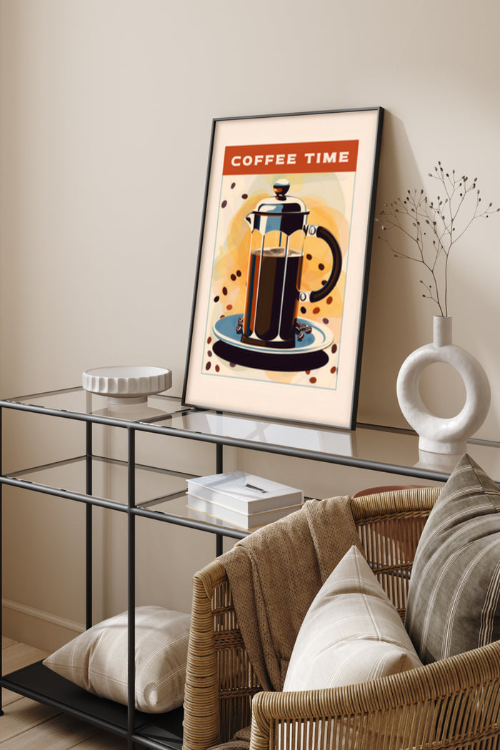 Vintage Coffee Time Poster Featuring a French Press and Coffee Cup in Stylish Interior
