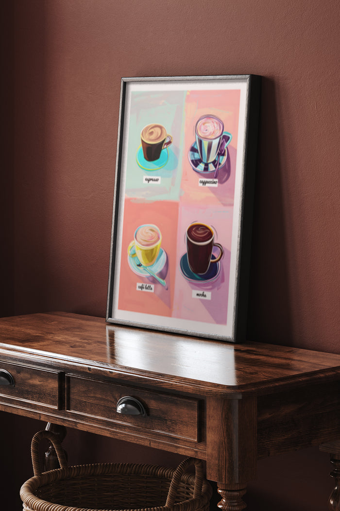 Artistic poster showcasing various coffee types including espresso, cappuccino, latte, and mocha in a modern design