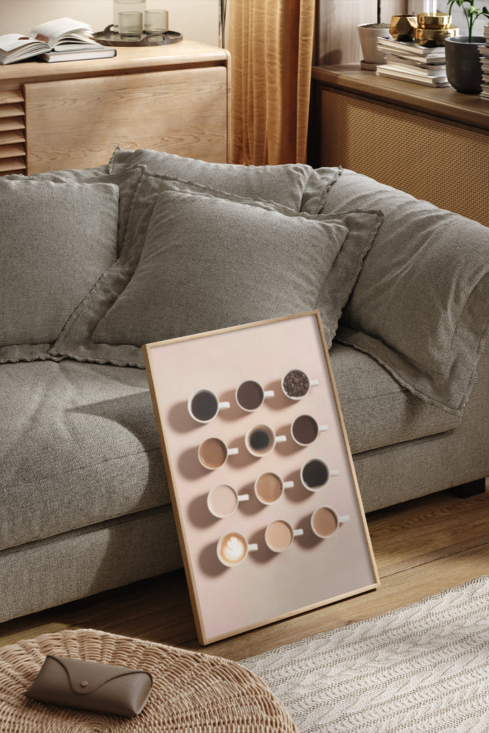 Modern coffee variety poster leaning against couch in a stylish home setting
