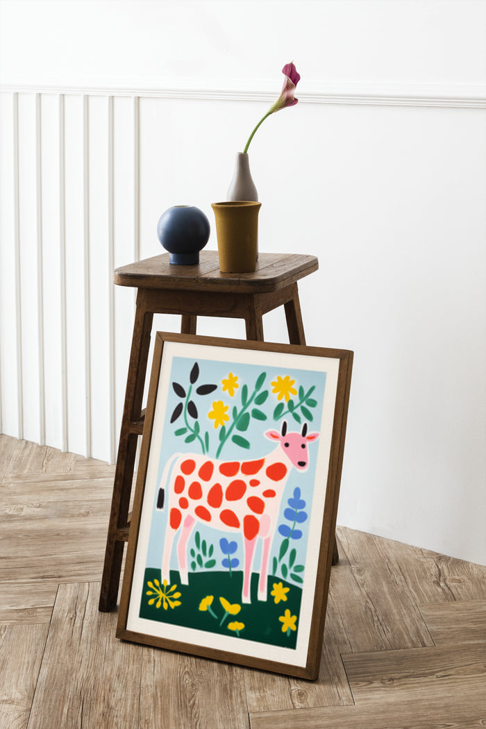 Colorful abstract animal art poster featuring a whimsical deer with flowers in a modern home decor setting