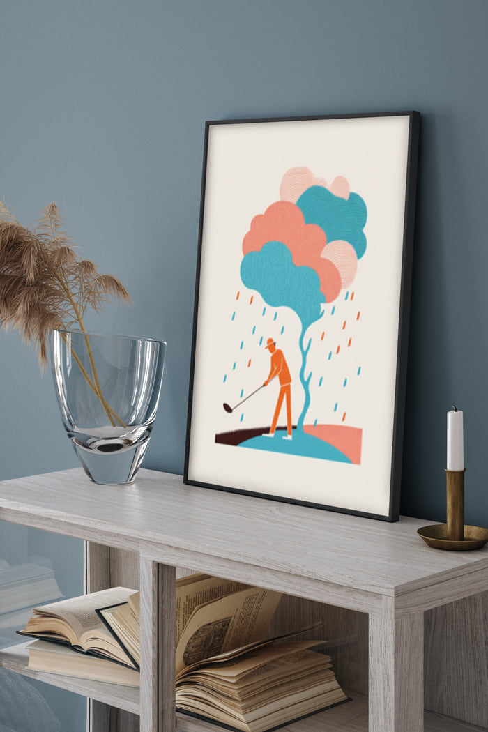 Modern art illustration poster with vibrant colored clouds and a person playing golf in the rain