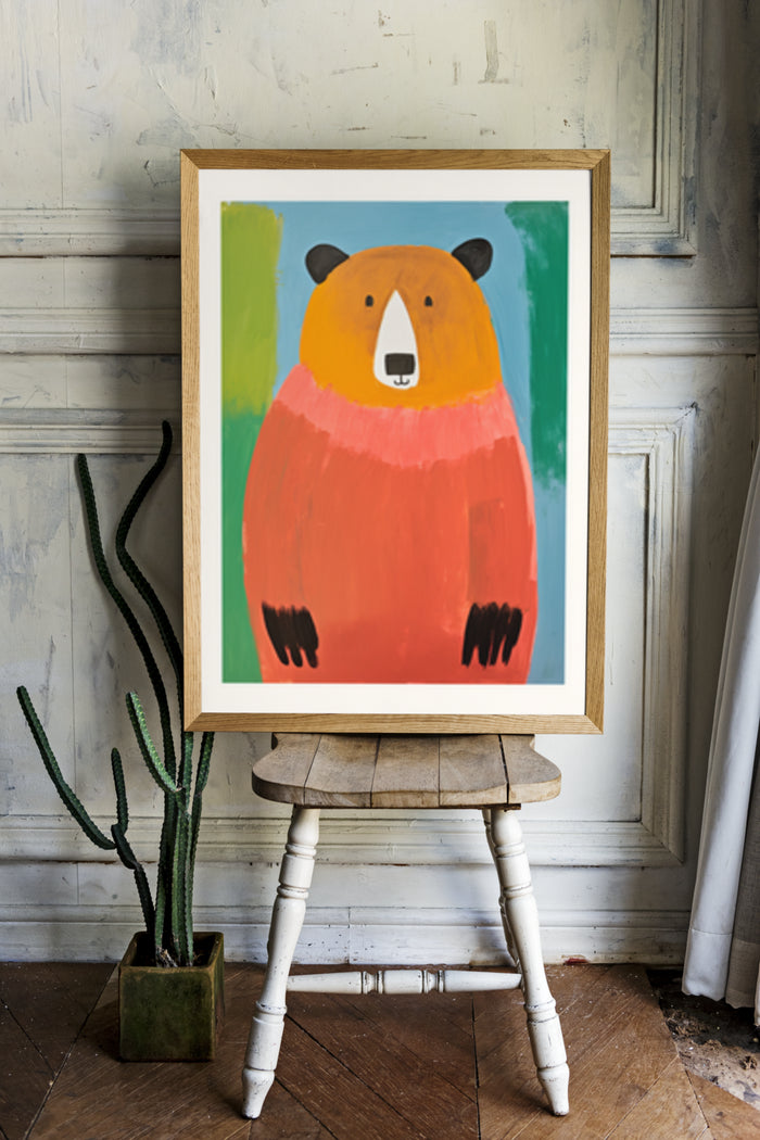 Abstract bear painting with bright colors displayed on a wooden easel in a vintage room setting