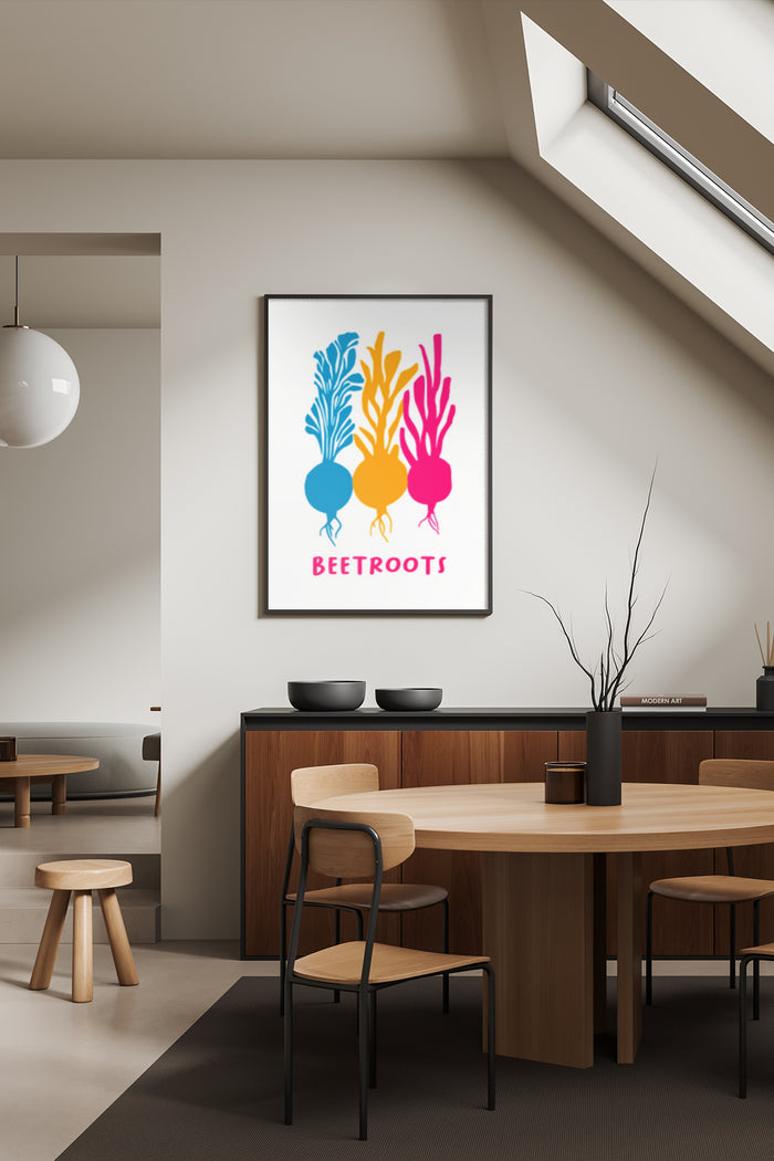 Abstract colorful beetroot poster in a modern dining room setting