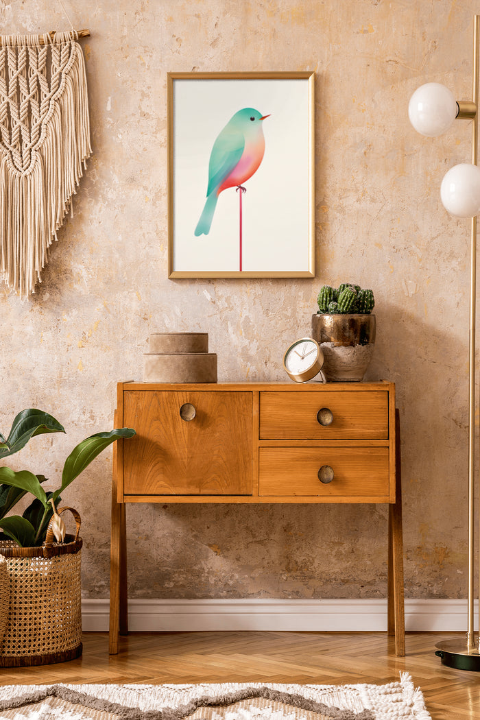 Colorful abstract bird poster framed on wall above wooden sideboard in a contemporary room with decorative elements