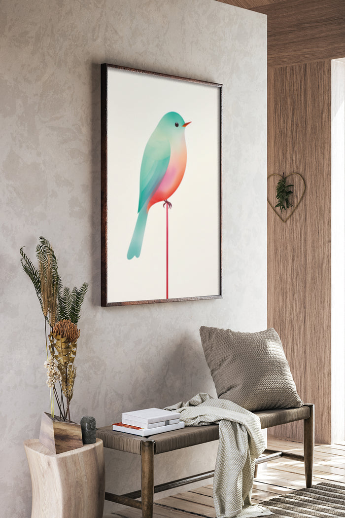 Colorful gradient abstract bird poster framed on a wall in a contemporary room design