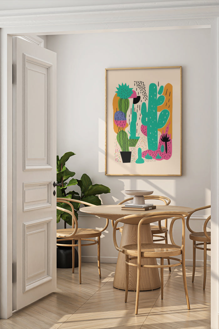 Abstract cactus poster art with vibrant colors displayed in a contemporary dining room interior