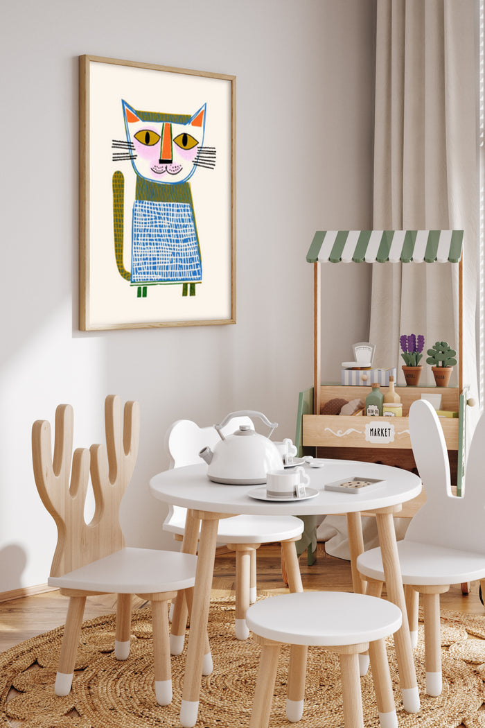Abstract Colorful Cat Art Poster Hanging on Wall Above Children's Play Table in Stylish Interior