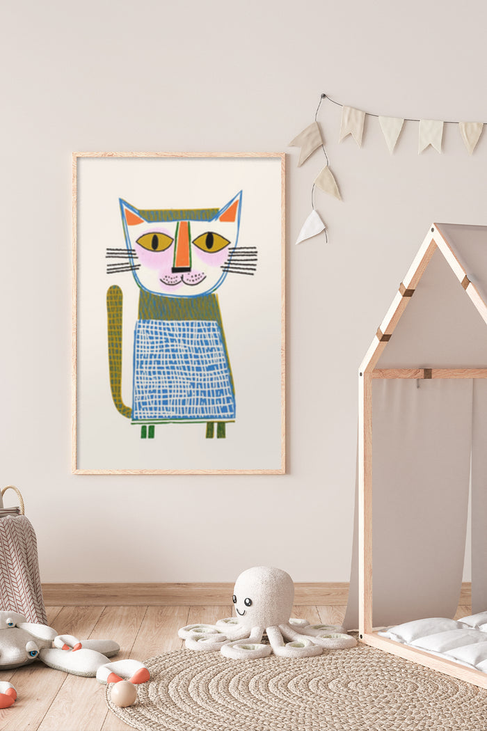 Abstract colorful cat artwork in a children's room setting with playful decorations and toys