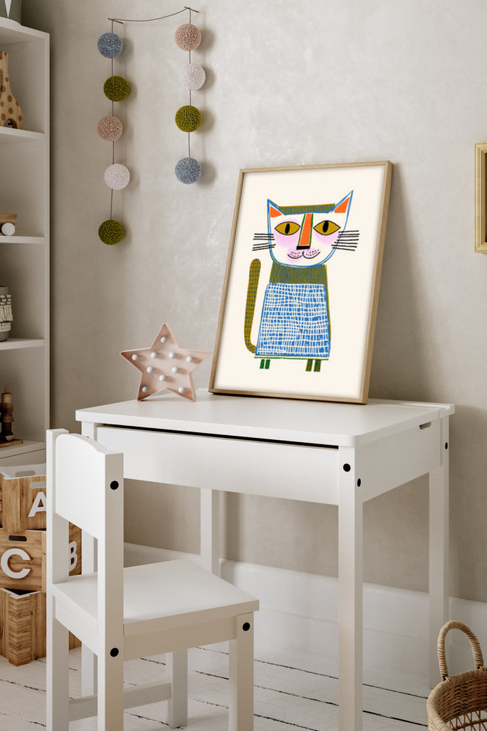 Colorful abstract cat artwork in a stylish children's room setting