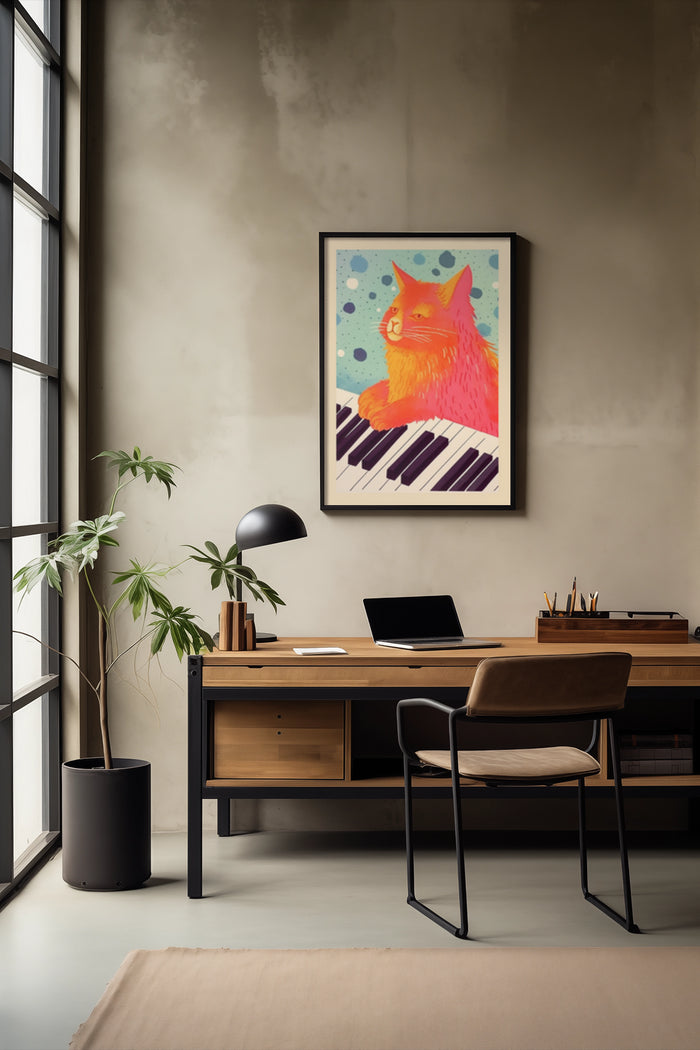 Abstract colorful cat artwork poster displayed above a wooden desk in a stylish modern office setting