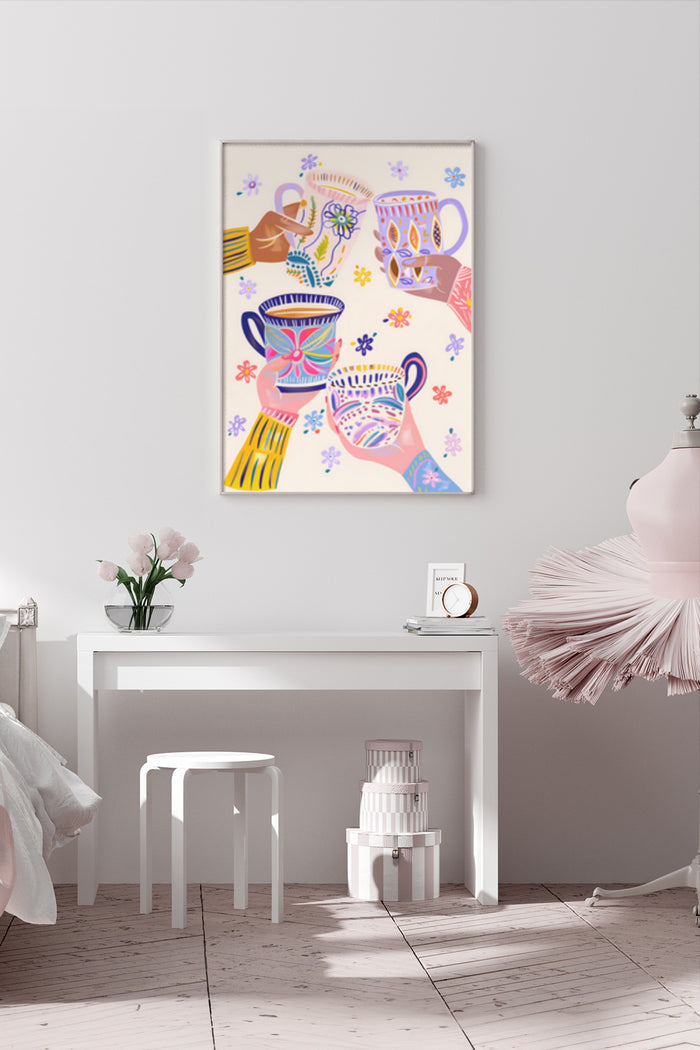 Abstract illustration of colorful coffee cups poster in modern interior setting