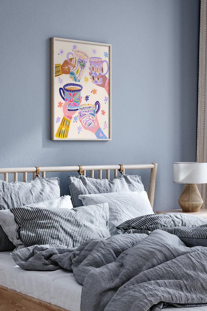 Abstract colorful coffee mugs art print poster hanging on bedroom wall