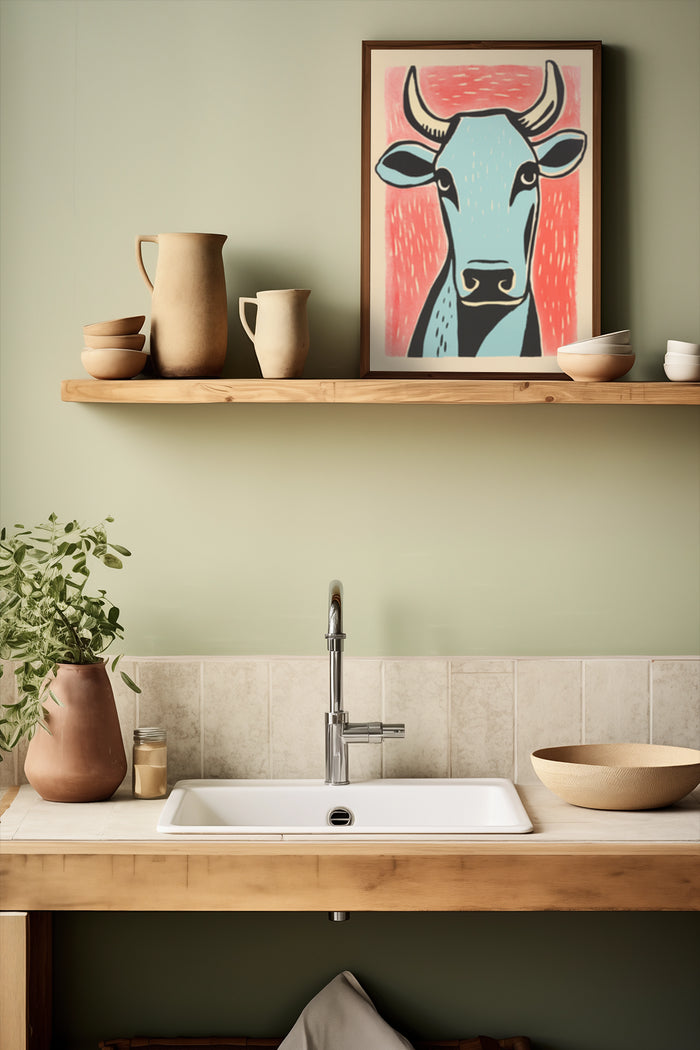Abstract cow artwork in warm-colored kitchen with wooden shelf and ceramic pottery