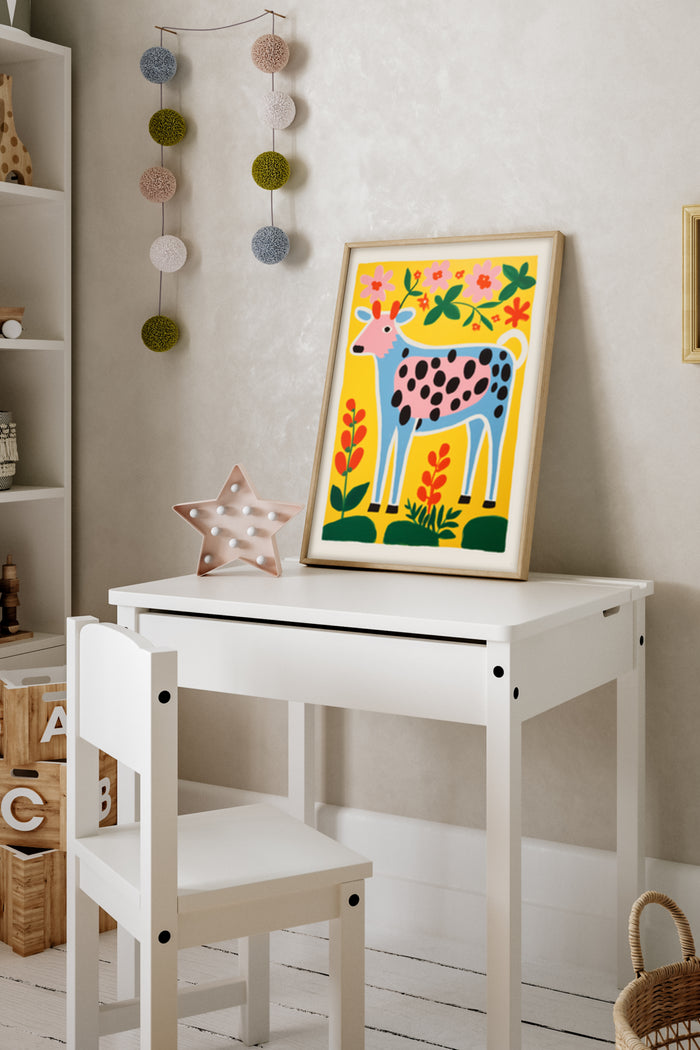 Abstract colorful deer poster with floral elements in a child's room setting