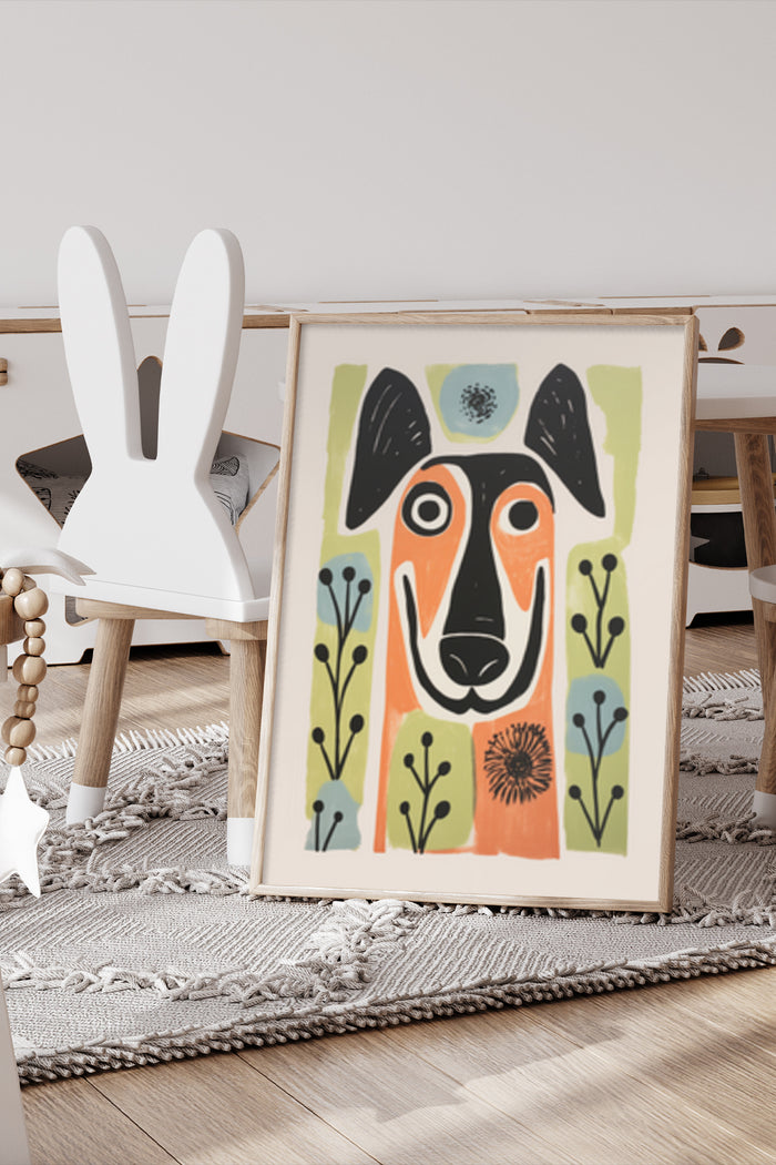 Abstract colorful dog illustration poster framed in a modern home interior