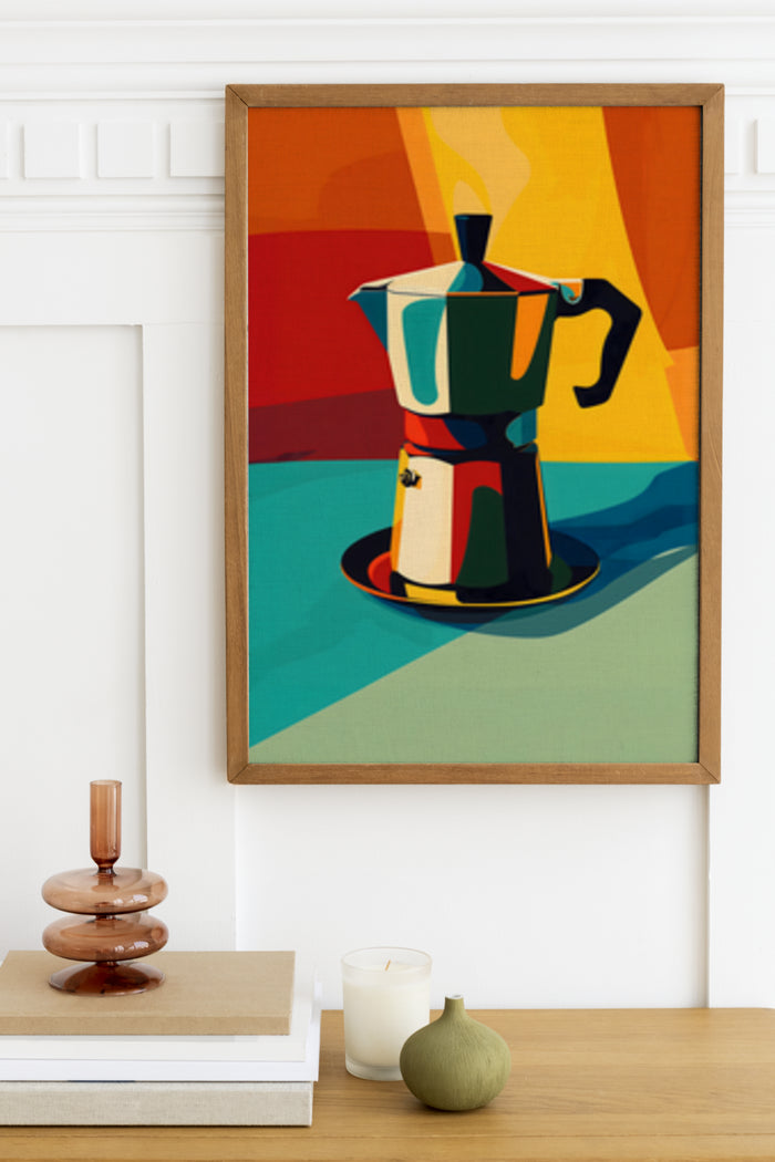 Modern colorful abstract art print of an espresso maker in a framed poster