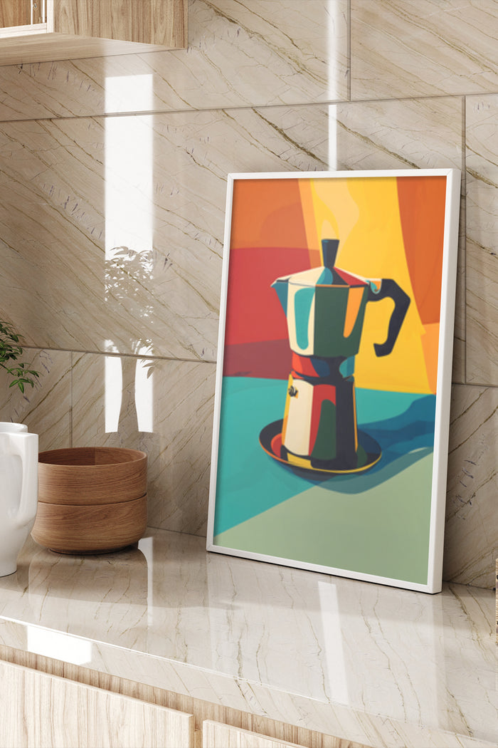 Colorful abstract artwork of espresso maker in a modern kitchen setting
