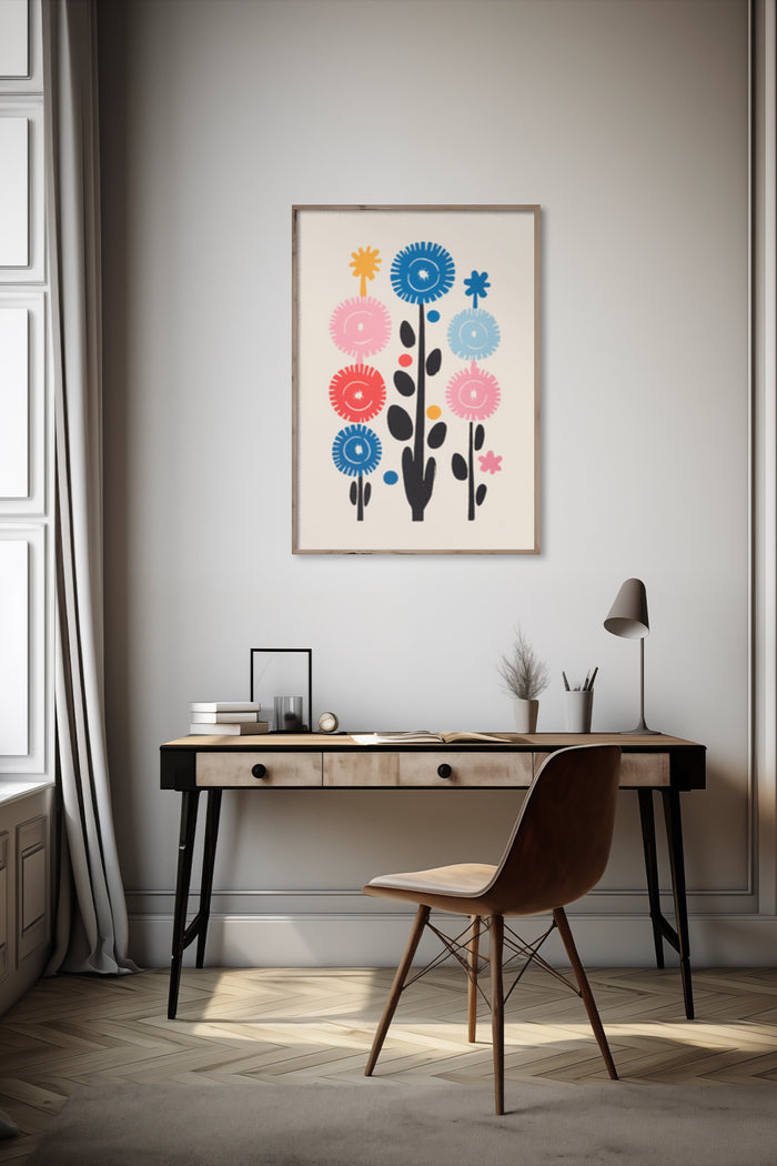 Colorful abstract floral artwork in a modern home interior, hanging above a stylish writing desk