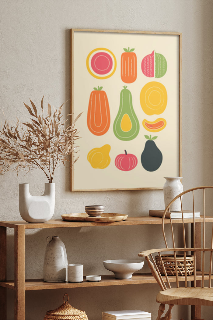 Stylish poster with colorful abstract representations of fruits wall art in modern interior
