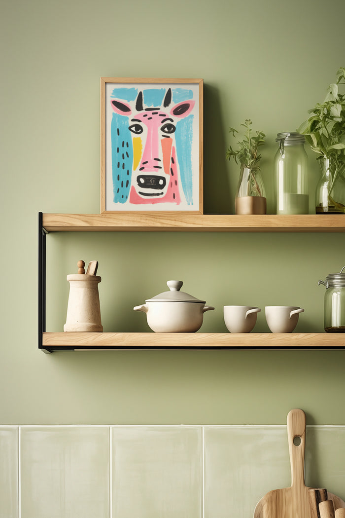 Colorful abstract giraffe painting in wooden frame on kitchen shelf with pottery and plants