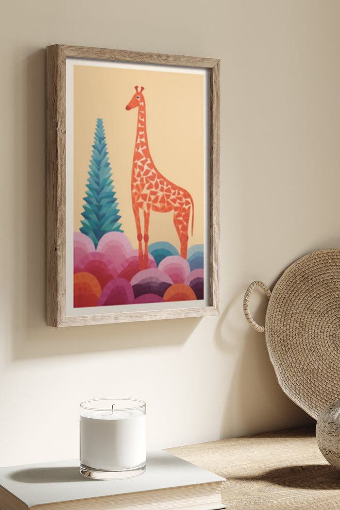 Abstract giraffe illustration with colorful patterned background in a wooden frame