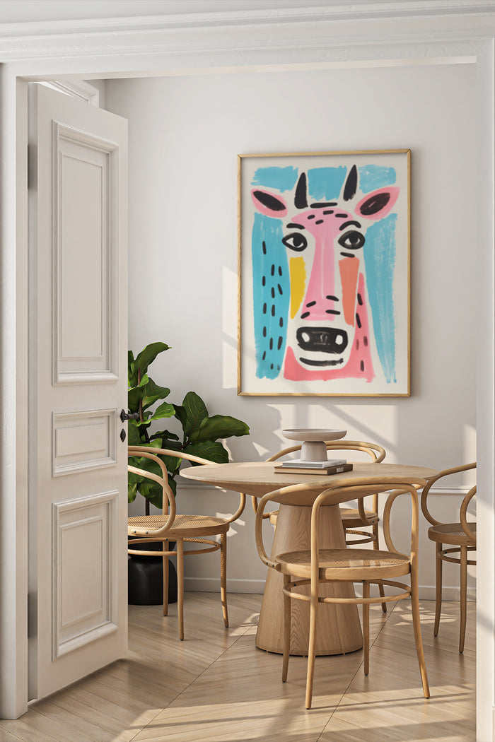 Abstract giraffe painting in colorful palette on display in modern dining room interior