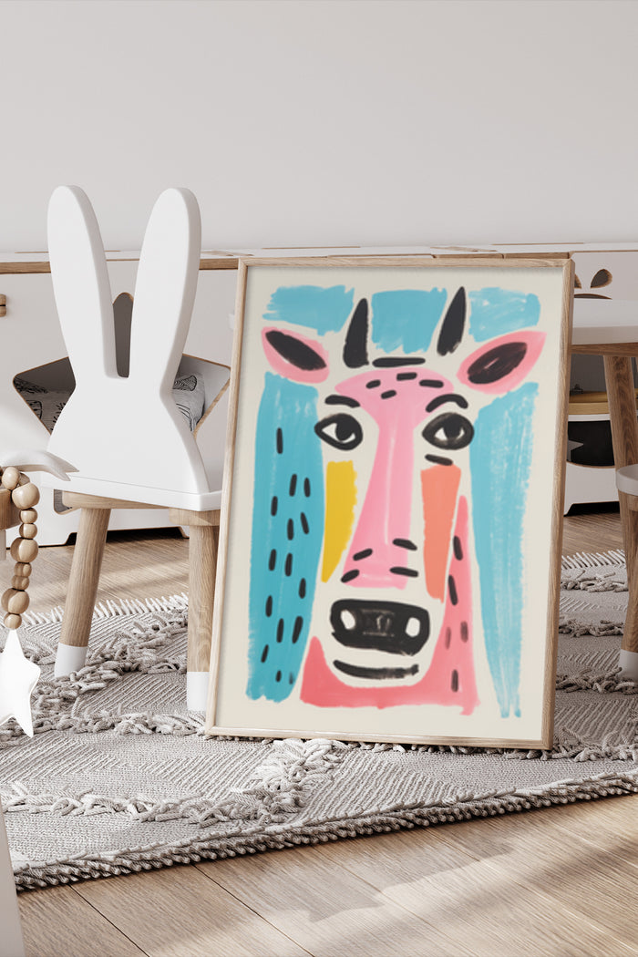 Colorful abstract giraffe painting in a modern interior setting