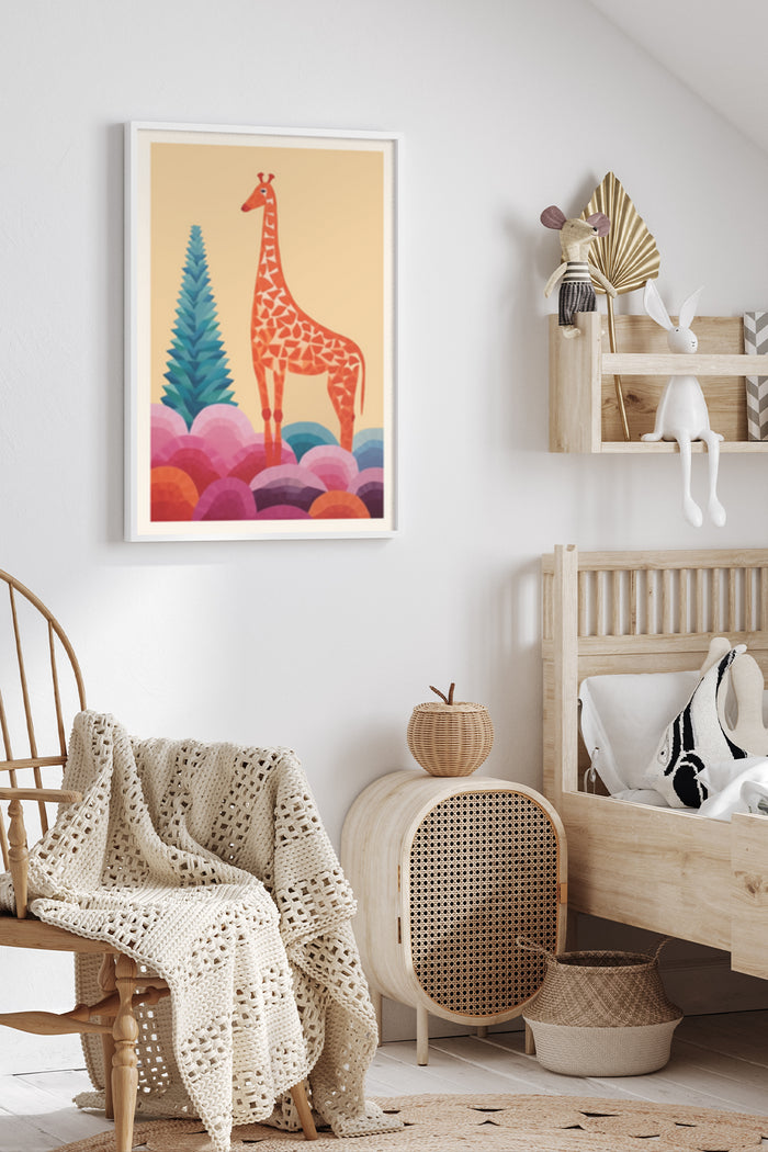 Colorful Abstract Giraffe Art Poster Displayed in a Stylish Modern Room