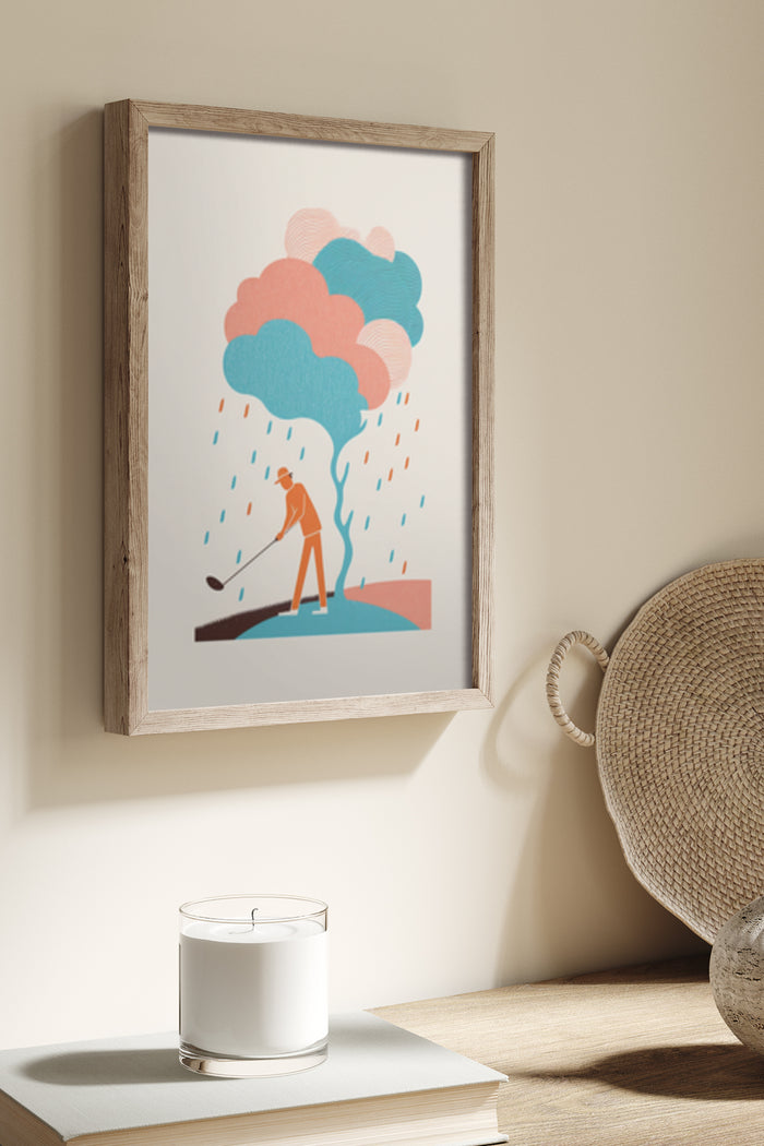 Colorful abstract poster of golfer under stylized clouds with raindrops in wooden frame