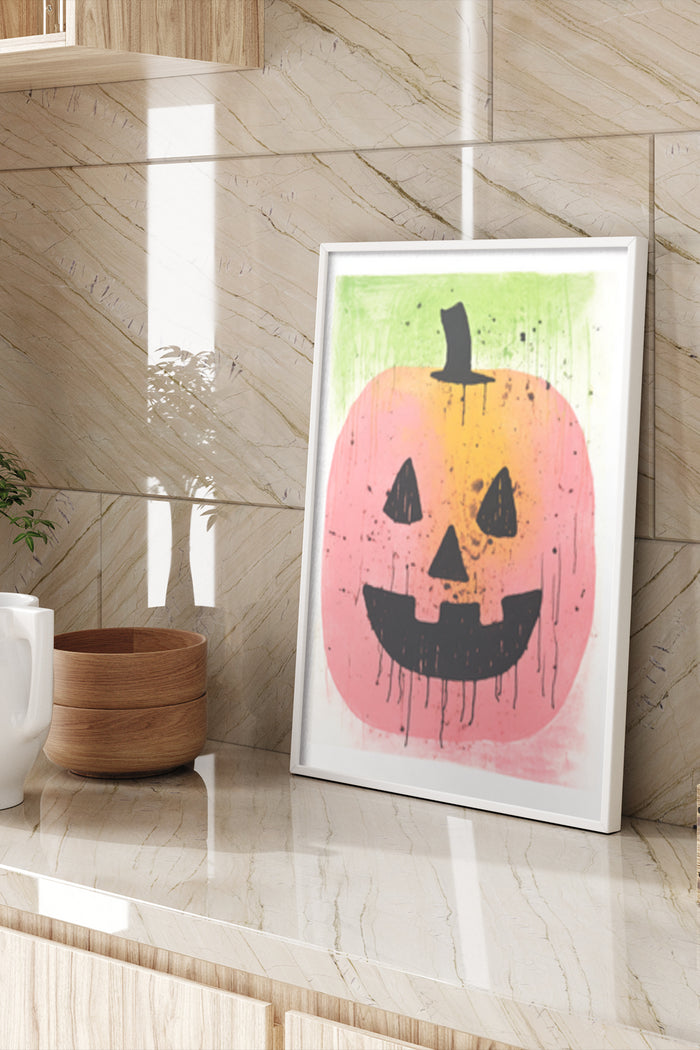 Abstract Halloween pumpkin poster with colorful backdrop displayed in modern interior