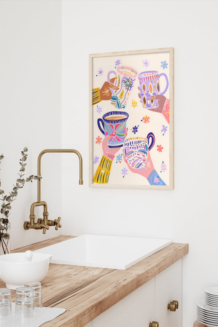 Colorful abstract kitchenware artwork poster in a modern kitchen setting
