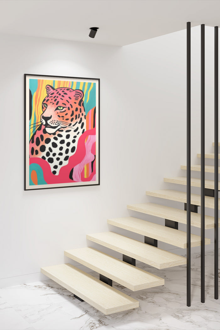 Abstract colorful leopard artwork on a poster hanging in a contemporary home with staircase
