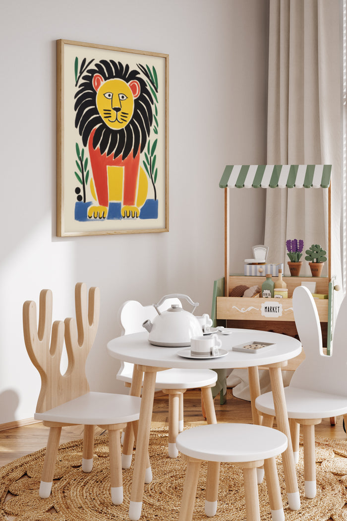 Modern children's playroom with colorful abstract lion artwork on the wall