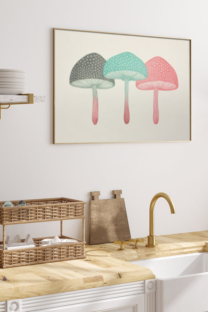 Colorful polka-dot mushrooms illustration in a modern kitchen setting