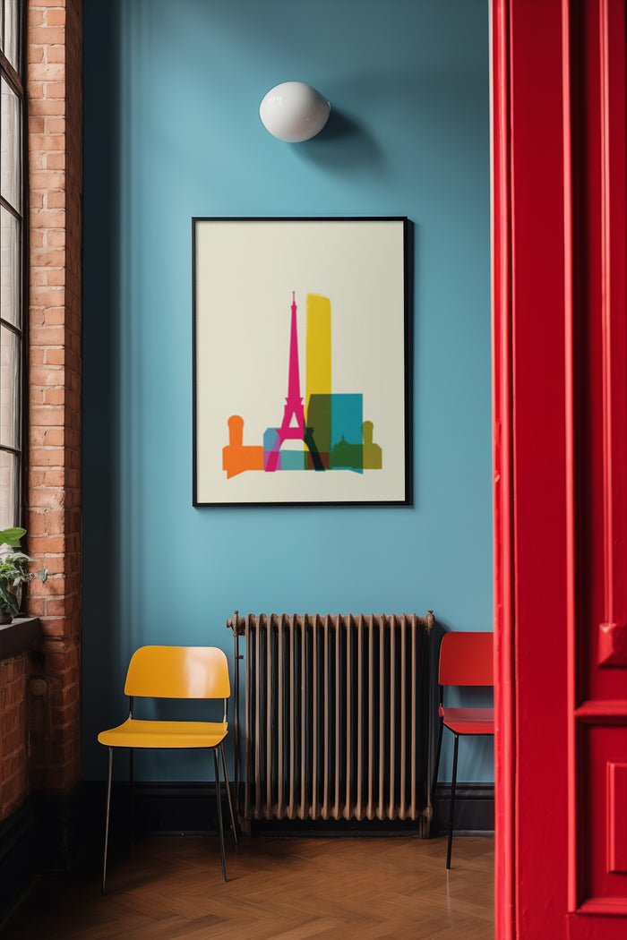 Colorful abstract artwork of Paris skyline with Eiffel Tower in a stylish room
