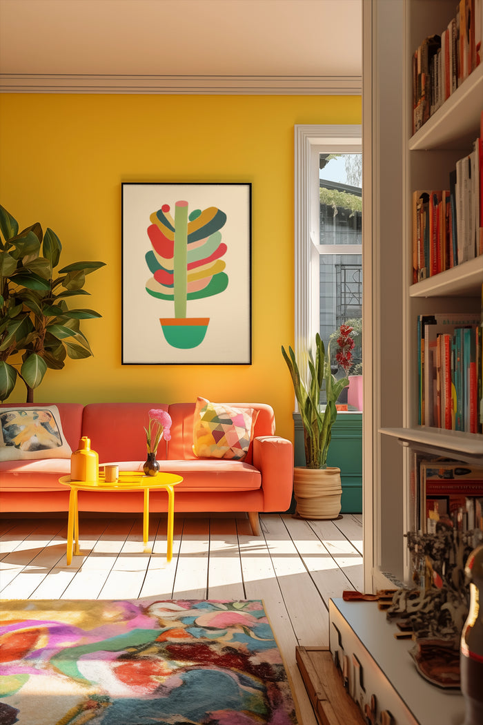 Modern home interior with colorful abstract plant artwork on wall