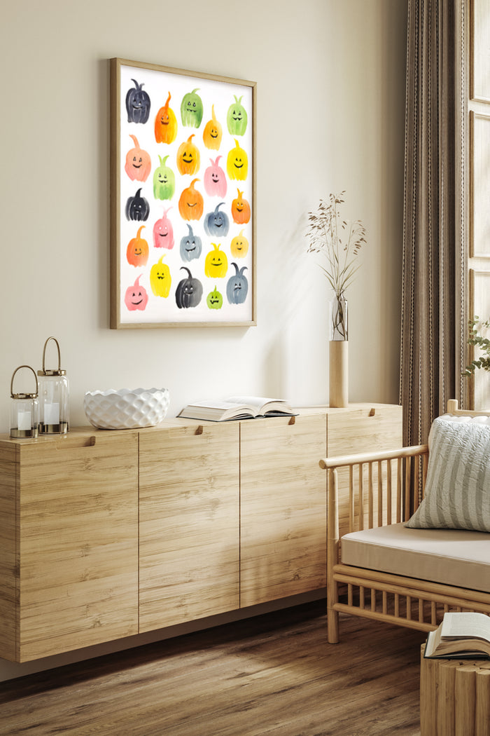 Colorful abstract pumpkin faces poster in a modern living room setting