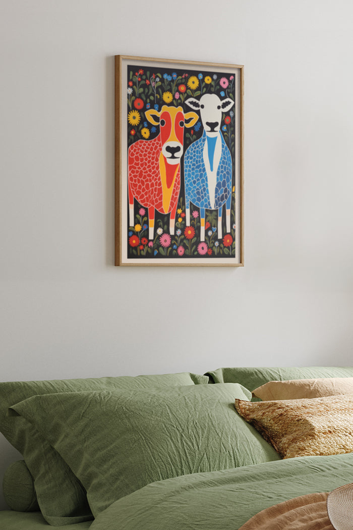 Colorful abstract sheep artwork in a bedroom setting