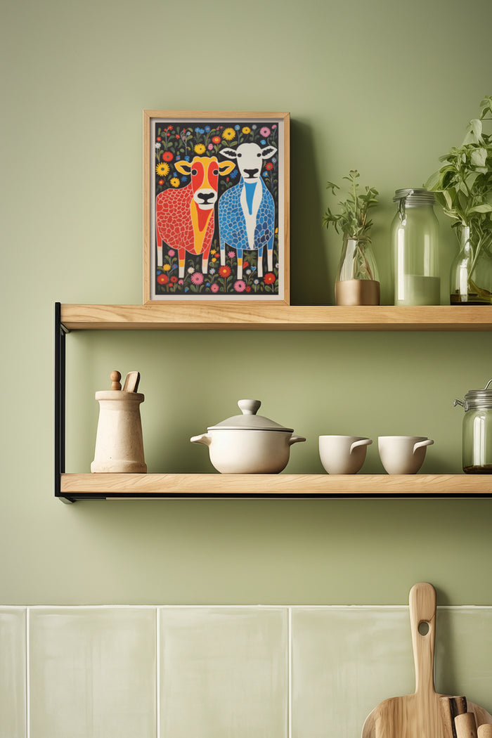 Colorful abstract sheep poster framed on the wall above modern kitchen shelf with pottery and plants