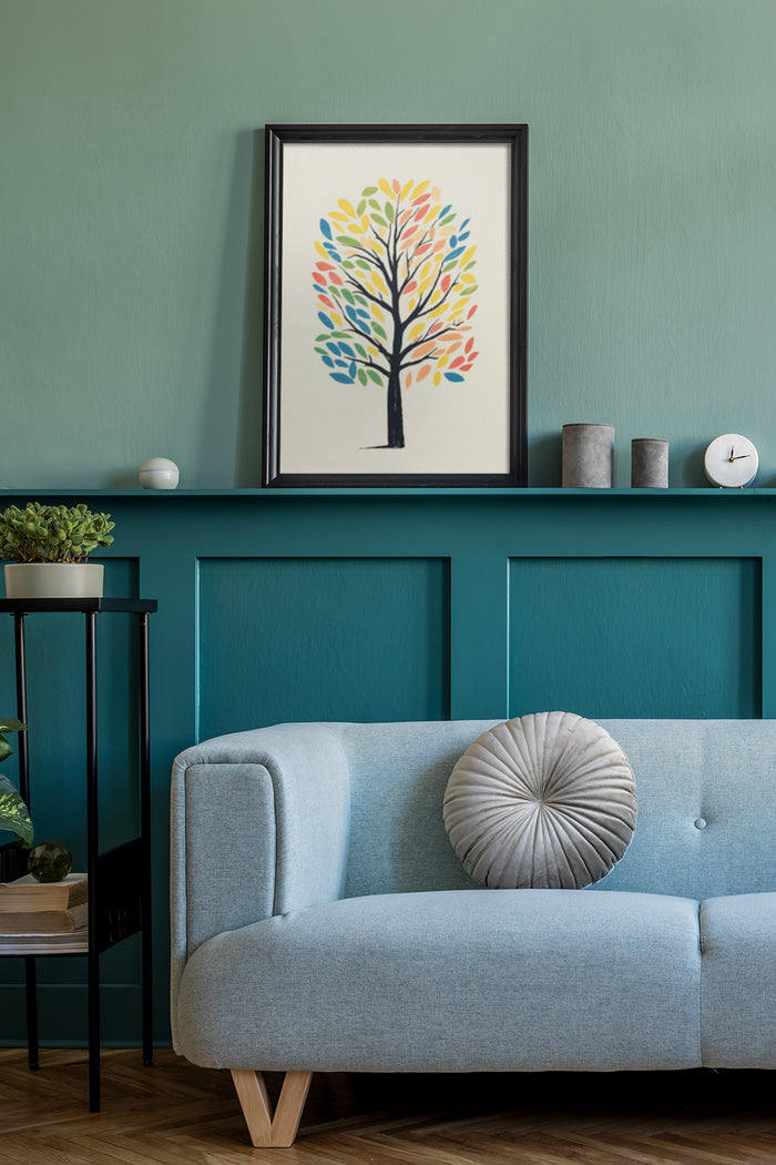 Colorful abstract tree poster in living room setting on teal wall above blue couch