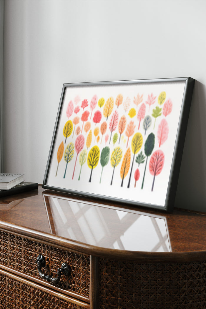 Colorful Abstract Tree Artwork Poster Displayed in a Modern Frame on Wooden Furniture