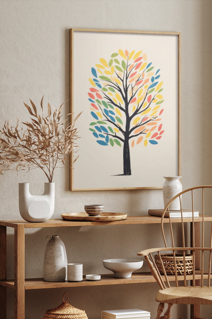 Colorful abstract tree art poster in modern interior setting