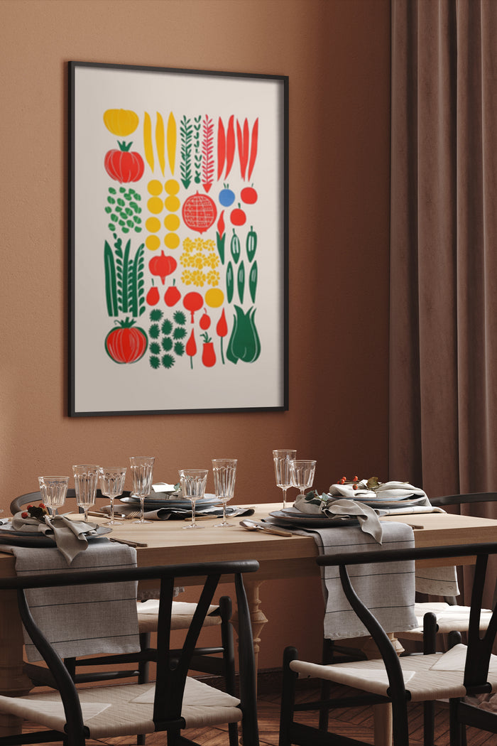 Abstract Colorful Vegetable Illustration Poster in Modern Dining Room