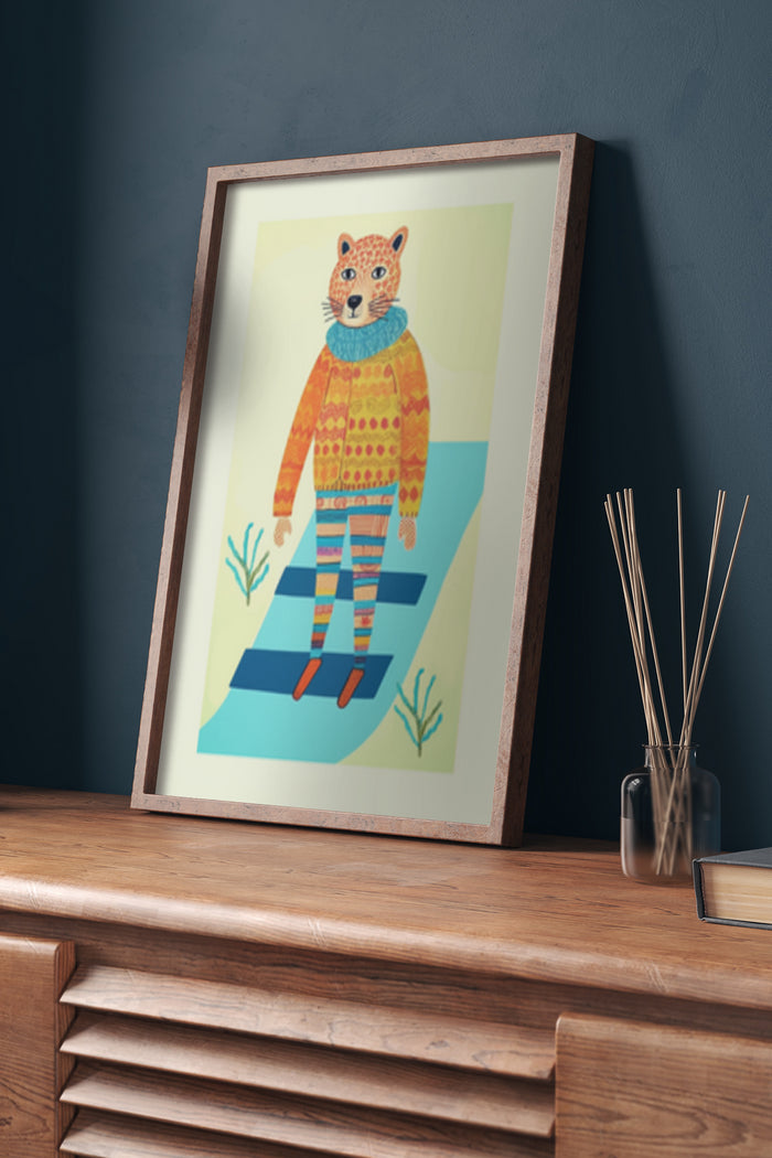 Multicolored anthropomorphic cat in a sweater illustration poster framed on a wooden sideboard